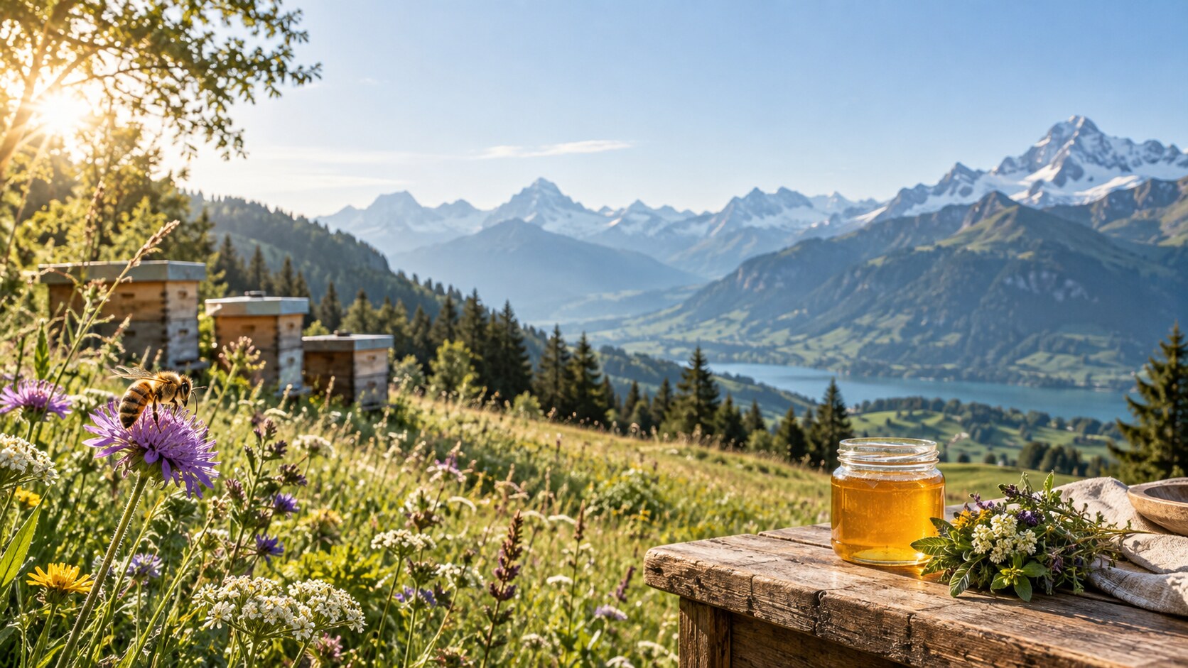 Bienen und Bienenstöcke in einer Schweizer Berglandschaft