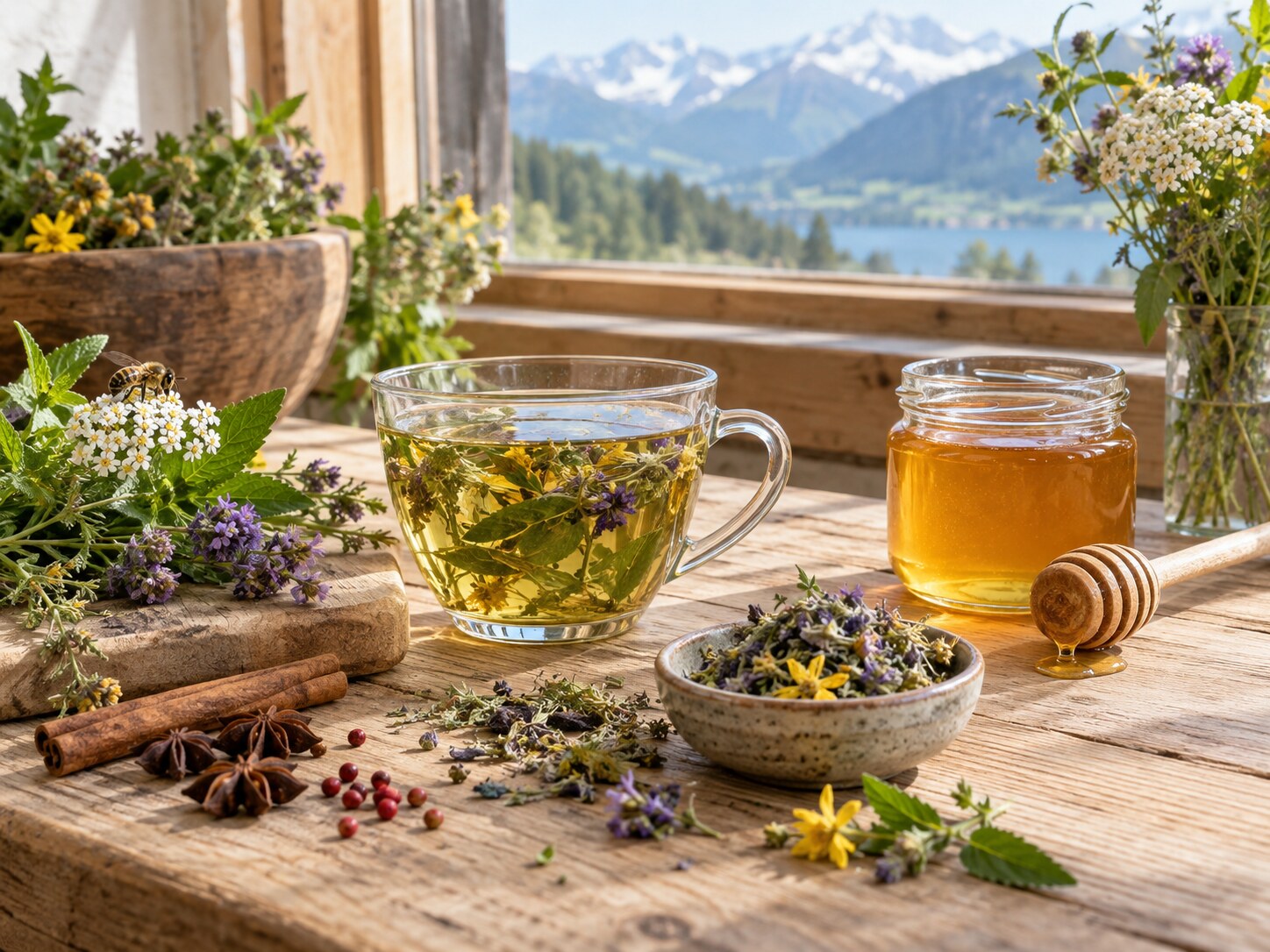 Schweizer Kräutertee, Honig, Gewürze und eine Biene vor einer Berglandschaft