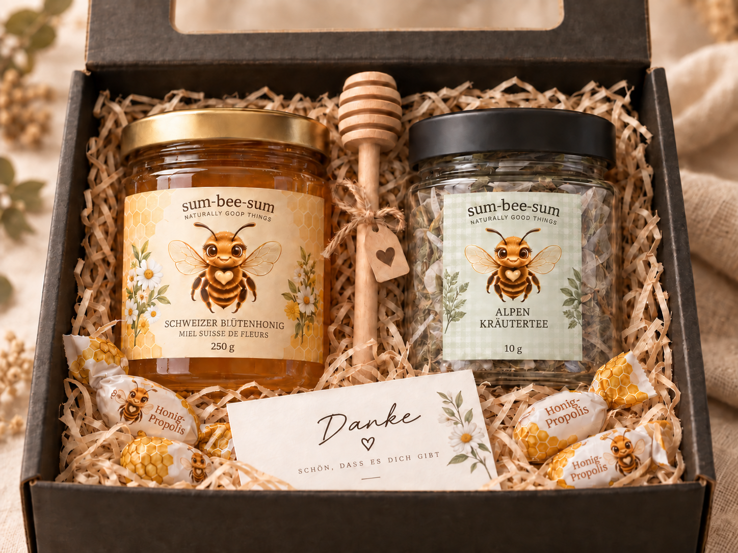Geschenkset mit Honig, Alpenkräutertee, Dankekarte und Honiglöffel