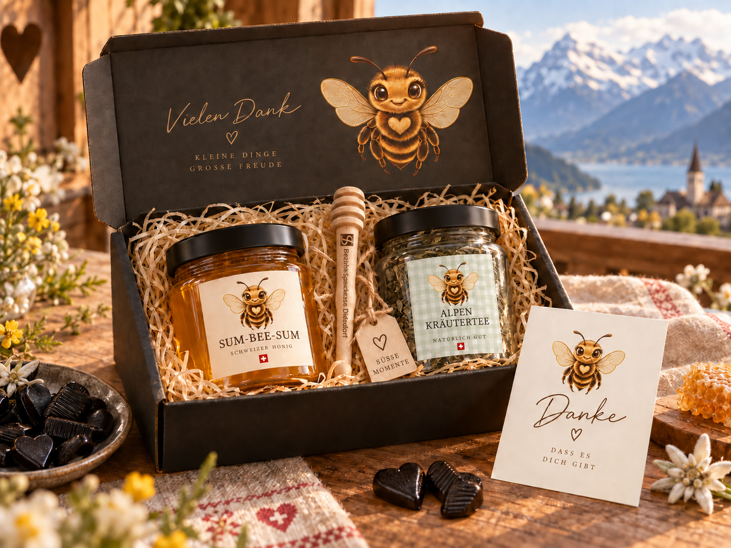 Individuelles Geschenkset mit bedruckter Dankeskarte im Deckel