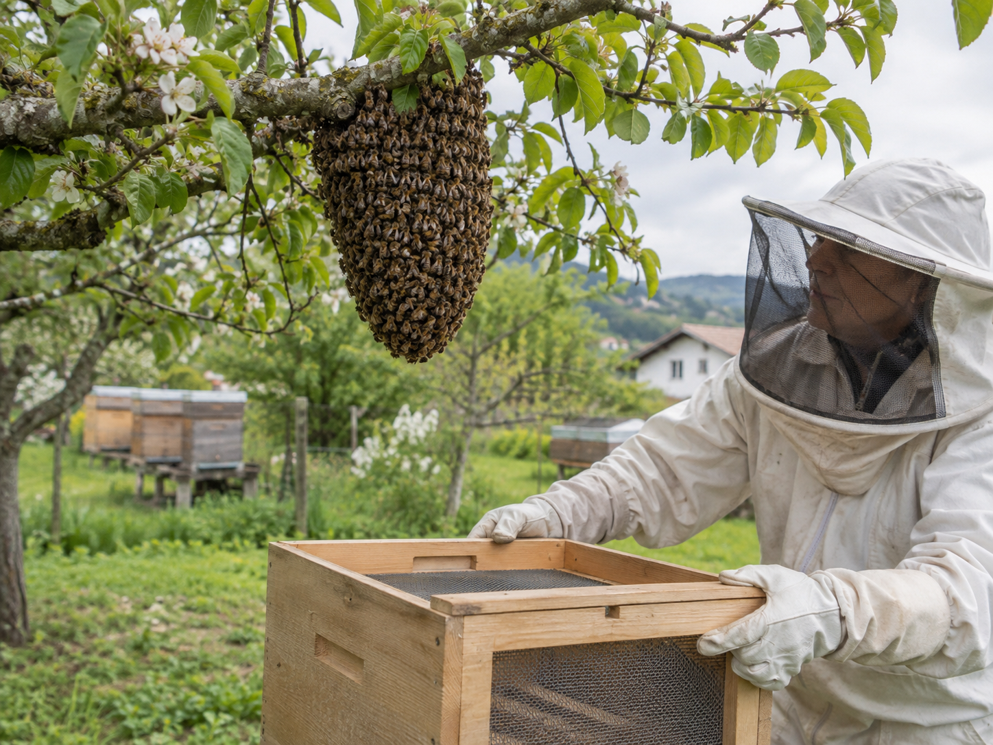 Imker bereitet das Einfangen eines Bienenschwarms vor
